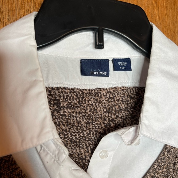 Basic Editions Layered Collared Brown White Long Sleeve V-Neck Sweater Shirt Med - Picture 5 of 5